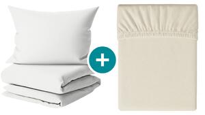 Krepp ágynemű szett DENYX BLEND világos krémszínű, hotel zseb + Jersey lepedő 90 x 200 cm szürkésbézs, egyszemélyes