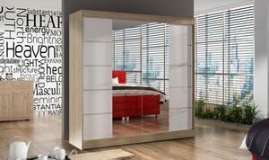 BULAN V praktikus hálószoba szekrény tükörrel, Sonoma tölgy, fehér ajtókkal