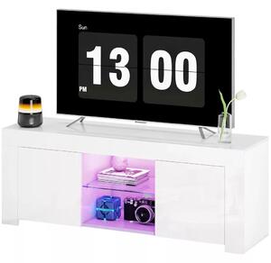 HOMCOM TV szekrény LED világítással, 2 szekrényajtóval, üvegpolccal, kábelkivezető nyílásokkal, nappaliba, farostlemez, fehér