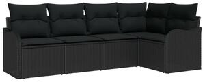 5 darabos kerti kanapé szett, párnákkal, fekete poly rattan, 2 fős kerti kanapé tárolóval és párnákkal, fekete poly rattan