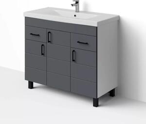 HD HÉRA 100 cm széles álló fürdőszobai mosdószekrény, sötét szürke, fekete kiegészítőkkel, 3 soft close ajtóval és 2 fiókkal, szögletes kerámia mosdóval és LED okostükörrel