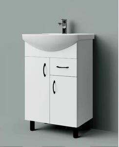 HD STANDARD 55 cm széles álló fürdőszobai mosdószekrény, fényes fehér, fekete kiegészítőkkel, 2 ajtóval és 1 fiókkal, íves kerámia mosdóval és LED okostükörrel