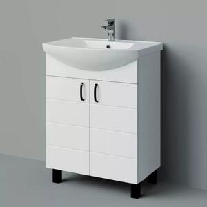 MART 65 cm széles álló fürdőszobai mosdószekrény, fényes fehér, fekete kiegészítőkkel, 2 soft close ajtóval, íves kerámia mosdóval és LED okostükörrel