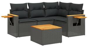 5 részes fekete polyrattan kerti kanapészett párnákkal