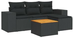 5 részes fekete polyrattan kerti kanapészett párnákkal