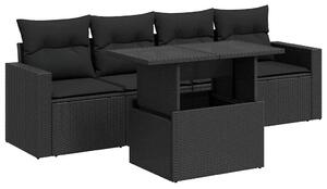 5 részes fekete polyrattan kerti kanapészett párnákkal