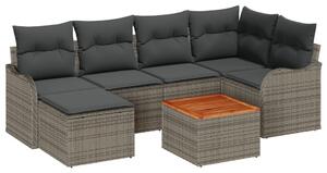 7 darabos kertiszófa szett párnákkal szürke poli rattan akáccal, 2 személyes kertiszófa tárolóval és párnákkal szürke poli rattan