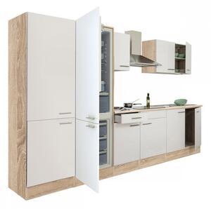 Yorki 330 konyhablokk sonoma tölgy korpusz,selyemfényű fehér fronttal polcos szekrénnyel és alulfagyasztós hűtős szekrénnyel