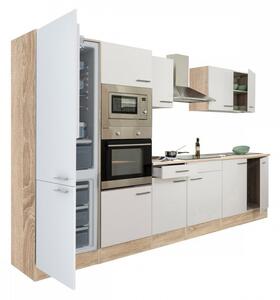 Yorki 330 konyhablokk sonoma tölgy korpusz,selyemfényű fehér fronttal alulfagyasztós hűtős szekrénnyel