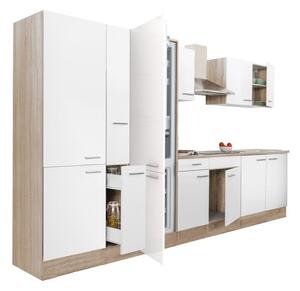 Yorki 360 konyhablokk sonoma tölgy korpusz,selyemfényű fehér fronttal polcos szekrénnyel és alulfagyasztós hűtős szekrénnyel