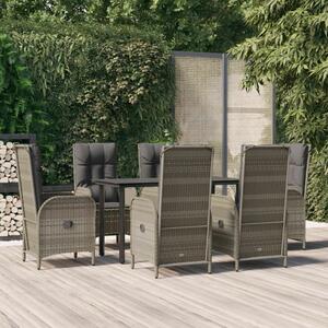 VidaXL 7 részes fekete és szürke polyrattan kerti étkezőszett párnával