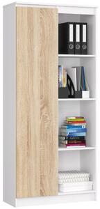 Szekrény ajtóval és 8 polccal, 16 mm-es laminált PAL, 80x35x180 cm, fehér és sonoma tölgy