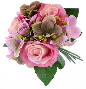 Rózsa hortenziával művirág csokor, sötétrózsaszín
