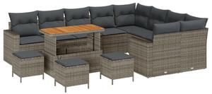 13 Részes Kert Kanapé Szett Párnákkal Szürke Poly Rattan Akác, 4 Részes Kert Étkező Szett Párnákkal Szürke Poly Rattan Akác