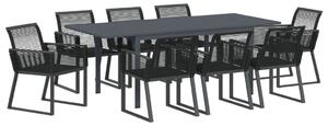 9 részes kerti étkező garnitúra fekete polirattan, bővíthető kerti asztal antracit (140-210)x90x73 cm acél