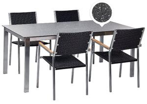 Négyszemélyes fekete gránithatású üveg étkezőasztal fekete műrattan székekkel COSOLETO/GROSSETO