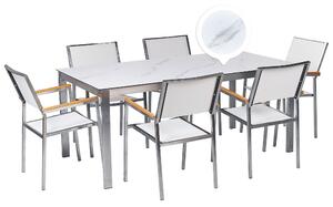 Hatszemélyes márványhatású üveg étkezőasztal fehér székekkel COSOLETO/GROSSETO