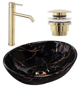 Készlet Pultos mosdó Sofia marble black + Fürdőszobai csaptelep Lungo gold + Dugó gold