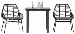 VidaXL 3 részes fekete polyrattan üveg kerti étkezőgarnitúra párnákkal