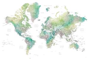 Térkép Watercolor world map with cities in muted green, Oriole, Blursbyai