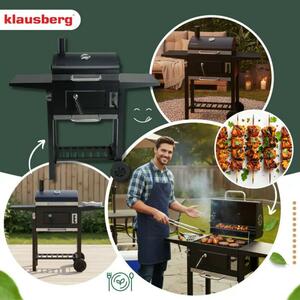 Klausberg KB 9034 fafahós széngrill, kémény, szabályozható szellőzés, hamutartó fiók, hőmérő, kerekek, acél, fekete