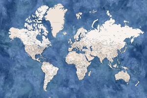 Térkép Blue and beige watercolor detailed world map, Blursbyai