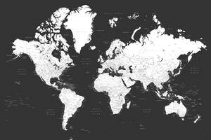 Térkép Black and white detailed world map with cities, Milo, Blursbyai, (40 x 26.7 cm)