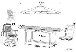 Nyolcszemélyes akácfa étkezőgarnitúra csíkos párnákkal és napernyővel MAUI