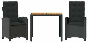 VidaXL 3 részes fekete polyrattan kerti étkezőgarnitúra párnákkal