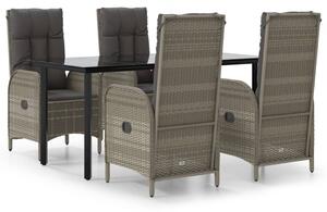 VidaXL 5 részes fekete és szürke polyrattan kerti étkezőszett párnával