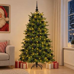 Műkarácsonyfa gömbbel 180 cm 300 LED Meleg fehér PVC és fém