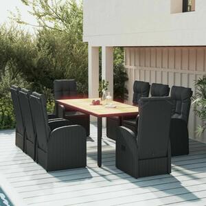 VidaXL 9 részes fekete polyrattan kerti étkezőgarnitúra párnákkal