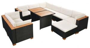 VidaXL 10-részes fekete polyrattan kerti bútorszett párnákkal