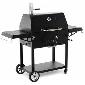 Széngrill fedéllel és hőmérővel, öntöttvas grill, oldalsó polcok, kerekek a könnyű mozgatáshoz, 153x65x137 cm, fekete