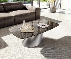 DELIFE Dohányzóasztal Edge hajóformájú 120x70 cm Laminam® Emperador Extra Lucidato kerámia sötétbarna Conis rozsdamentes acél szálcsiszolt
