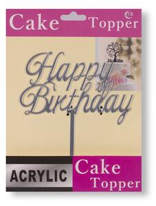Műanyag ezüst színű Happy Birthday felirat tortadísz beszúró