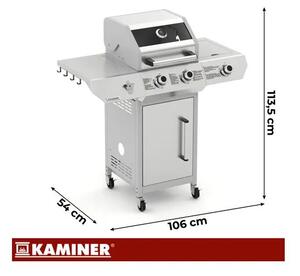 Kerti gázgrill 2+1 égővel, 10 kW, öntöttvas ráccsal, rozsdamentes