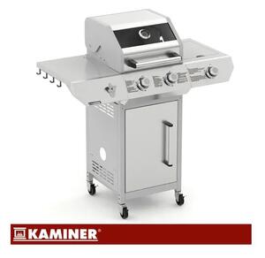 Kerti gázgrill 2+1 égővel, 10 kW, öntöttvas ráccsal, rozsdamentes