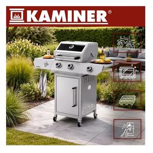 Kerti gázgrill 2+1 égővel, 10 kW, öntöttvas ráccsal, rozsdamentes