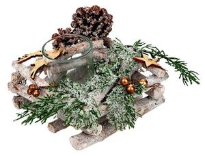 Szögletes aprított fa mécses tartó tobozzal, fenyővel, fa szarvassal 14x14x10cm