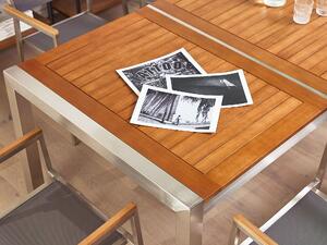 Nyolcszemélyes étkezőasztal eukaliptusz asztallappal és fehér textilén székekkel GROSSETO