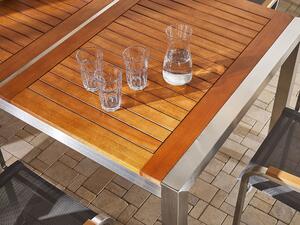 Nyolcszemélyes étkezőasztal eukaliptusz asztallappal és szürke textilén székekkel GROSSETO