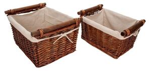 Szögletes hasított vessző tál szett fa füllel textil béléssel barna 45x35x23/26cm S/2
