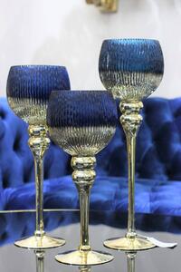 Kék-arany üveg gyertyatartók, szárral 3-as szett