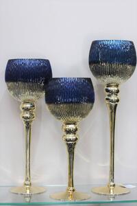 Kék-arany üveg gyertyatartók, szárral 3-as szett