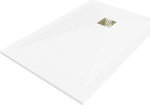 Mexen, Mexen Stone+ kompozytowy prostokątny brodzik 90 x 70 cm, biały, maskownica złota - 44107090-G