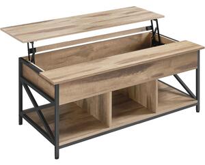 Kávézóasztal állítható magasságú lappal, 2 fiókkal és rejtett tárolókkal, PAL és MDF anyagból, 100x50x(49-64) cm, teveszínű barna
