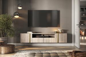Verica 200 cm-es TV-szekrény, falra szerelhető, nyitott polccal - szivacsos tölgy / arany fogantyúk