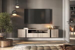 Verica 200 cm-es TV-szekrény, falra szerelhető, nyitott polccal - szivacsos tölgy / fekete fogantyúk