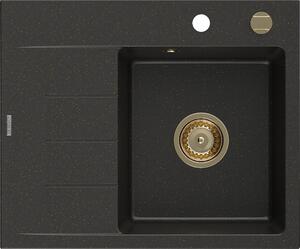 Mexen Ben, 1 kamrás gránit mosogató 600x500x190 mm, jobb + arany szifon, fekete-arany metál, 6523605000-75-G
